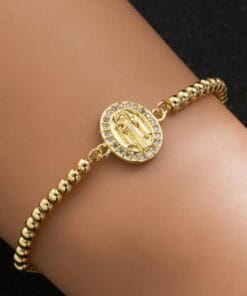 Close-up of graceful Virgin Mary bracelet design