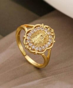 Virgin Mary portrait ring with adjustable band and holy aura
