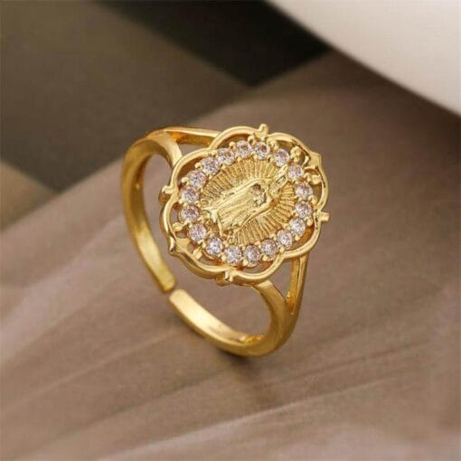 Virgin Mary portrait ring with adjustable band and holy aura