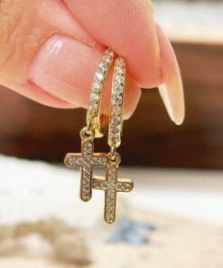 Lightweight cross drop earrings in gold or silver with holy protection