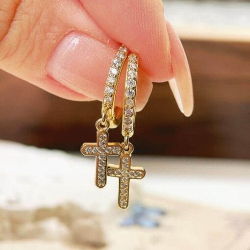 Lightweight cross drop earrings in gold or silver with holy protection