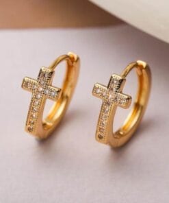 Crown 18k gold hoop cross earrings – elegant faith jewelry
