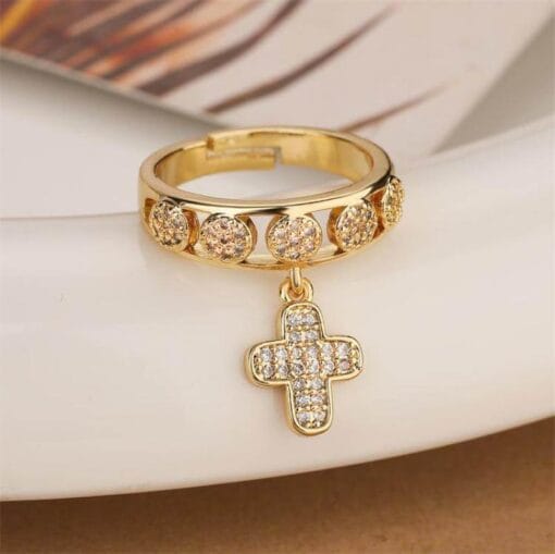 Adjustable crystal cross ring with divine protection