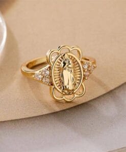 Adjustable Virgin Mary ring with oval portrait and divine protection