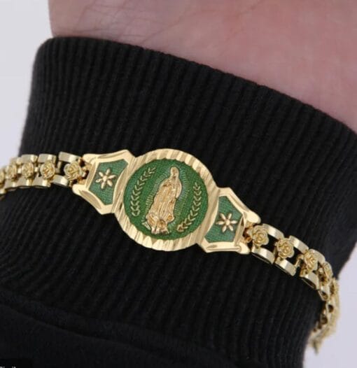 Pink-accented Virgin Mary bracelet – spiritual protection in 18K gold plated style