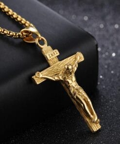 Back view of titanium steel Jesus cross necklace – detailed, sacred design