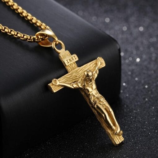 Back view of titanium steel Jesus cross necklace – detailed, sacred design