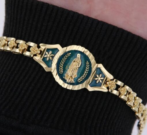 Virgin Mary bracelet with 18K gold finish and blue accent – divine faith jewelry