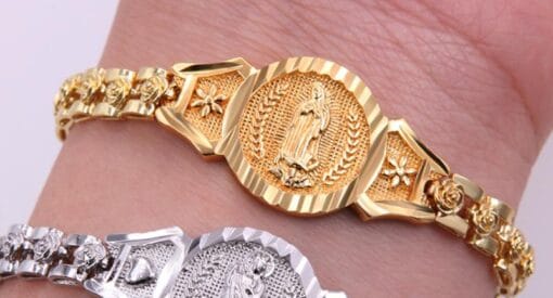 Gold Virgin Mary bracelet with elegant engraved charm