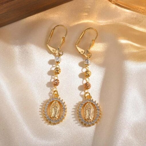 18K gold finish Virgin Mary earrings with divine beauty