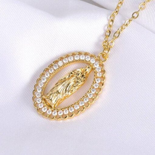 Vintage Virgin Mary pendant necklace in gold finish – elegant religious jewelry