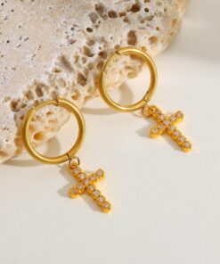 Gold cross earrings with crystal points
