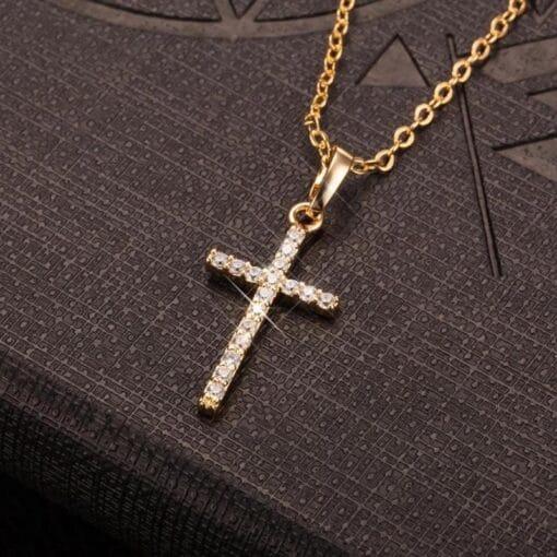 Gold cross necklace with rhinestones