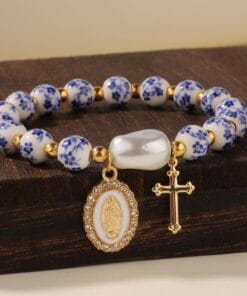 Retro beaded bracelet with ceramic cross and Virgin Mary charm