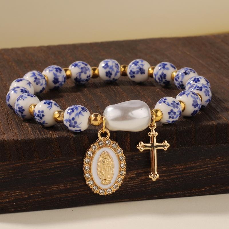 Retro beaded bracelet with ceramic cross and Virgin Mary charm