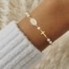 Retro pearl bracelet with Virgin Mary and Cross charms