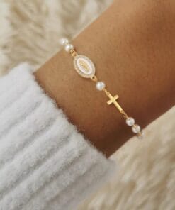 Retro pearl bracelet with Virgin Mary and Cross charms