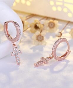 Rose gold drop earrings with cross design