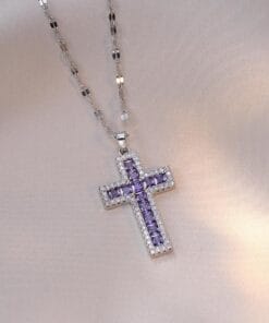 Titanium steel cross necklace with amethyst gemstone