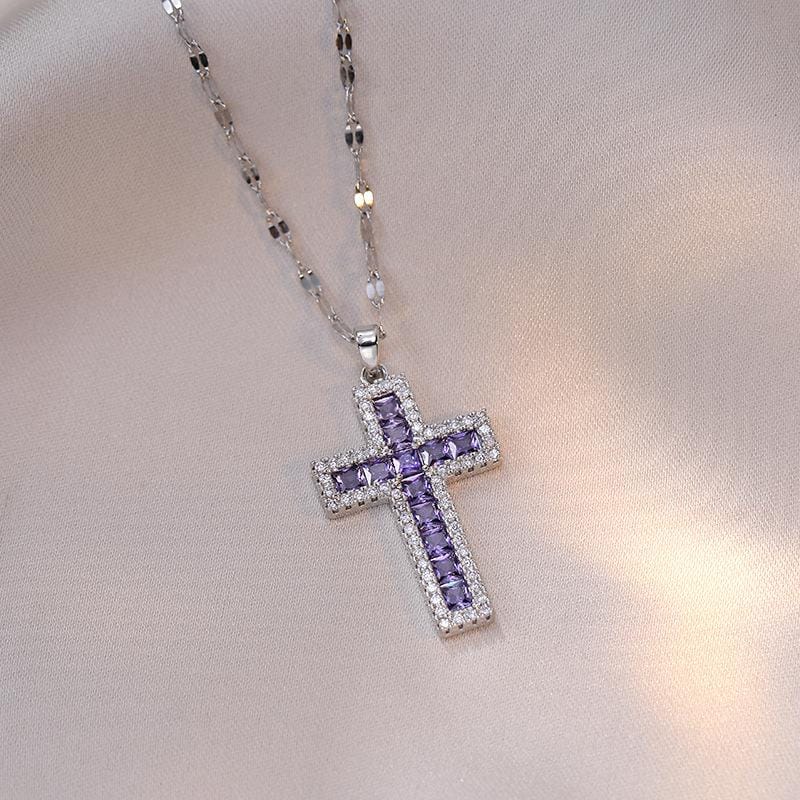 Titanium steel cross necklace with amethyst gemstone