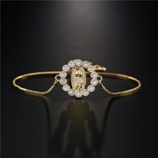 Adjustable Virgin Mary bracelet with shimmering micro-inlaid stones