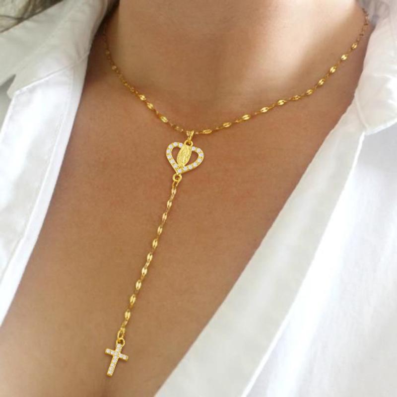 Virgin Mary and Cross necklace with white gold finish