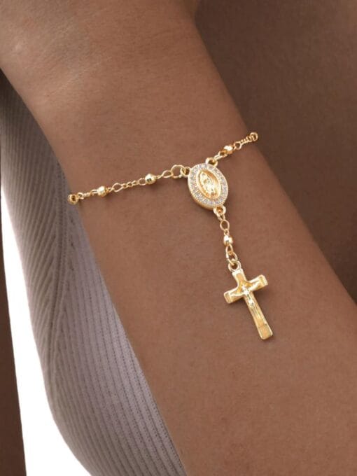 Virgin Mary and Cross bracelet in white gold finish