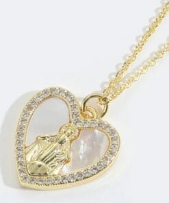 Blessed Virgin Mary necklace in heart shape with 14K gold finish